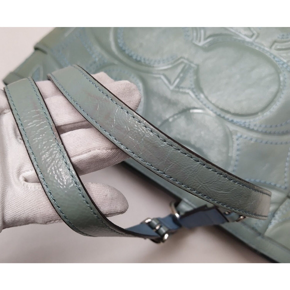 Coach Blue Patent Leather Signature C Embossed Double Handles Pockets Tote Bag - Picture 3 of 16